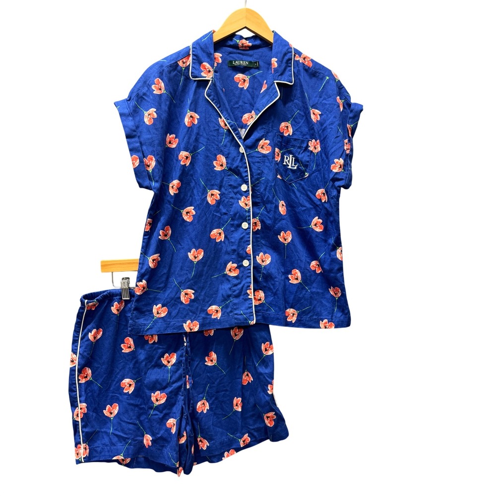 Lauren Ralph Lauren Pajama Set Womens L Floral Blue Loungewear Top Shorts